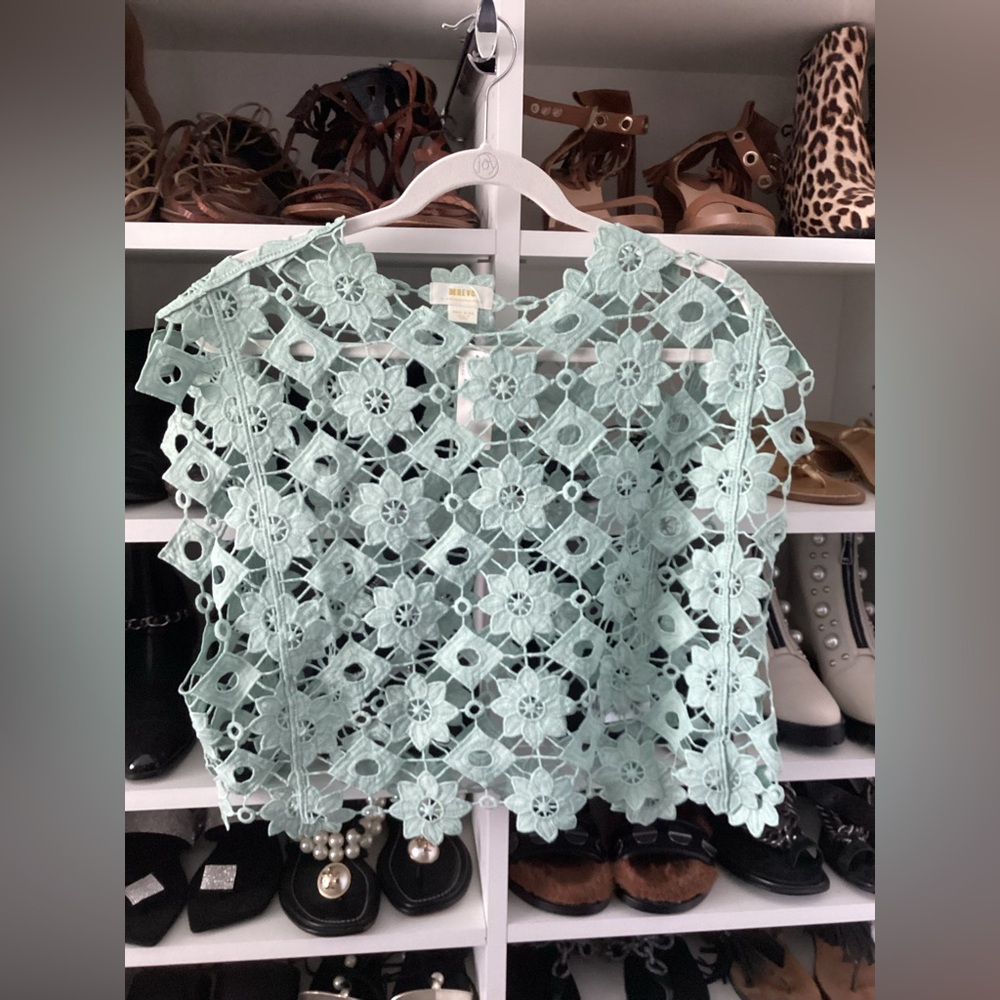 Anthropologie Mint Green Floral Crochet Top